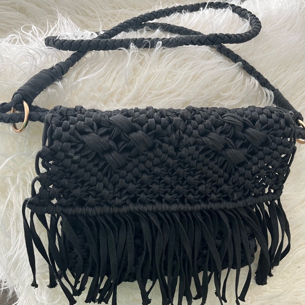 Black Woven Fringe Shoulder Bag
